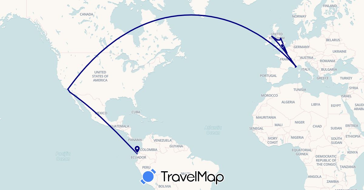 TravelMap itinerary: driving in Ecuador, France, United Kingdom, Monaco, United States (Europe, North America, South America)